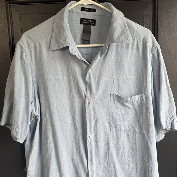 Axcess 100% Silk Shirt Mens Large Blue Stripe Short Sleeve Button Up - Picture 3 of 10